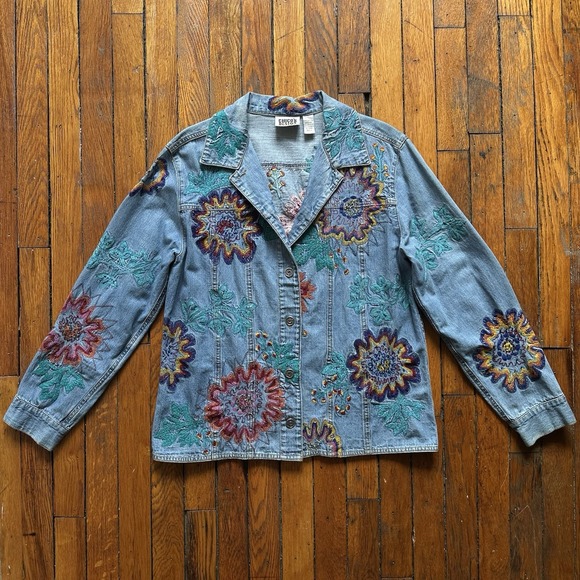 Vtg 90s Chico's Design Floral Embroidered Beaded AOP Denim